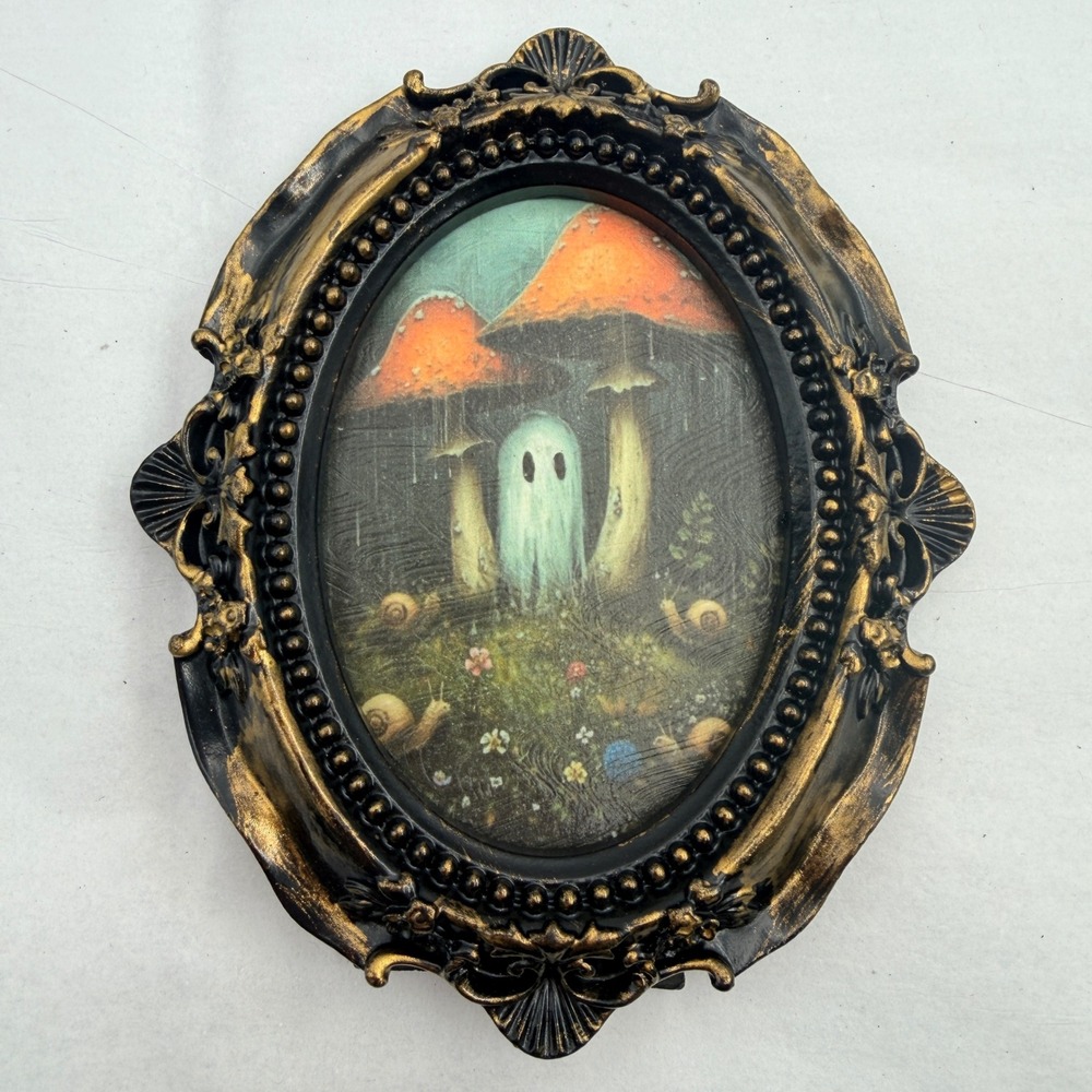 Original Ghost Mushroom Print in Ornate Gold Black Oval Frame 5x4 Small Art